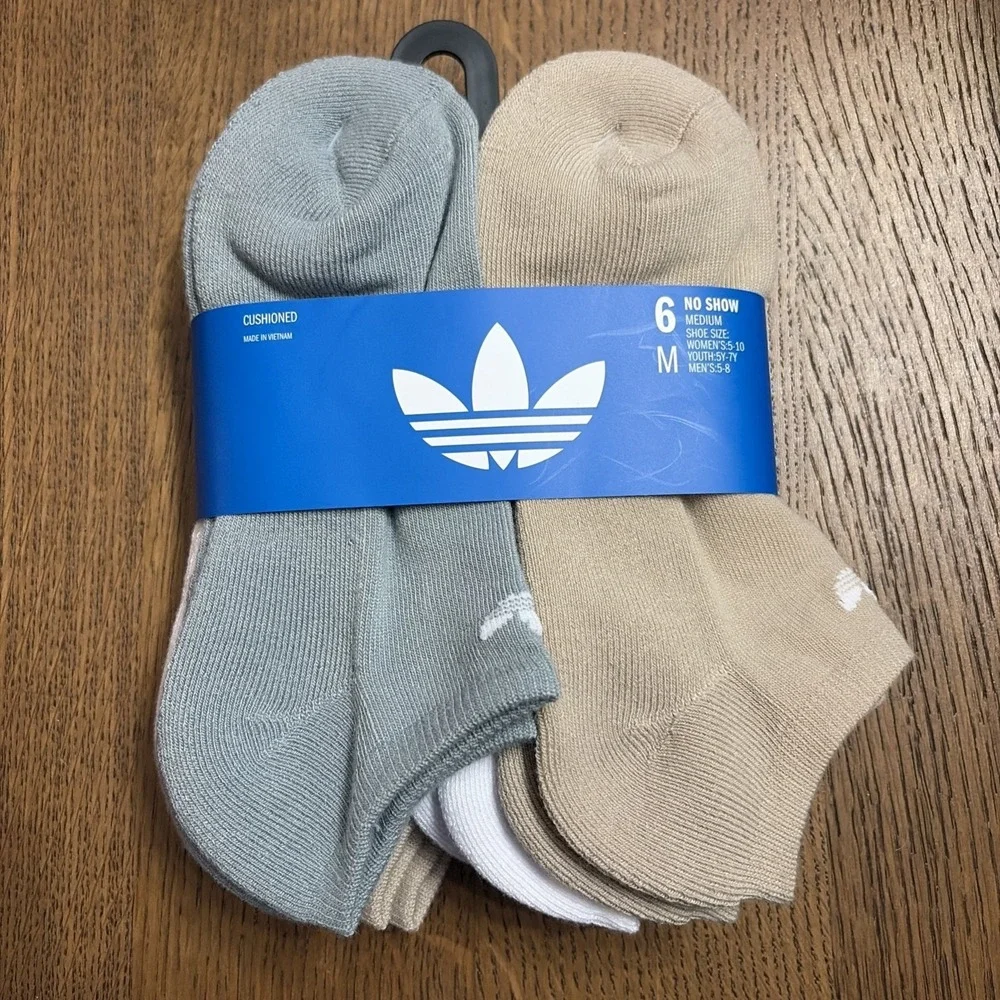 Adidas Unisex No Show Socks Beige Grey - Men's Size 5-8, Women's 5-10